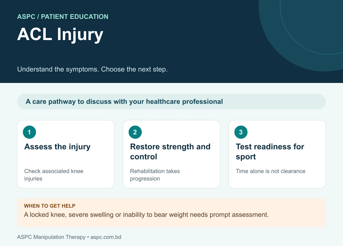 ACL Injury: Assess the injury — Check associated knee injuries; Restore strength and control — Rehabilitation takes progression; Test readiness for sport — Time alone is not clearance. A locked knee, severe swelling or inability to bear weight needs prompt assessment.