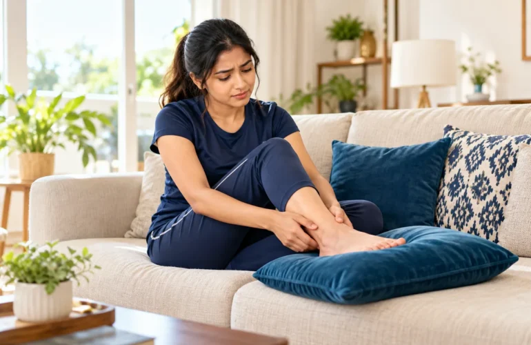 A conceptual illustration of supported rest after an ankle injury.