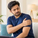 A conceptual illustration of pain over the outer shoulder and upper arm.