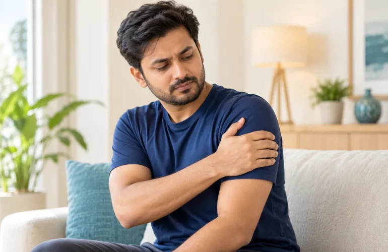 A conceptual illustration of pain over the outer shoulder and upper arm.