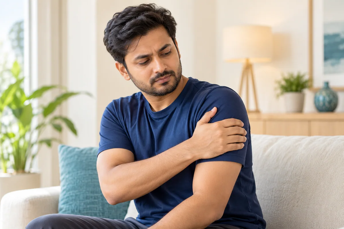 A conceptual illustration of pain over the outer shoulder and upper arm.