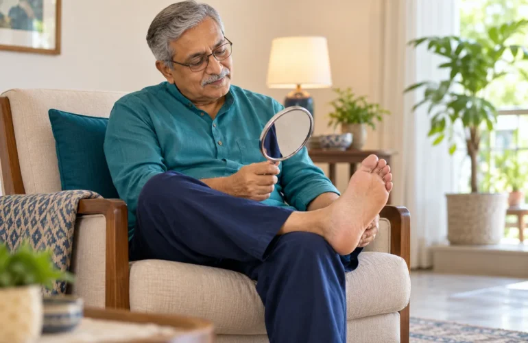 A conceptual illustration of a daily foot inspection.