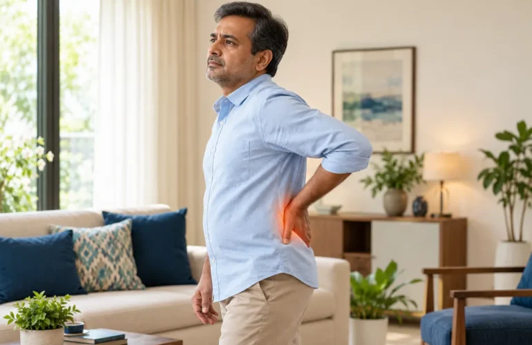 A conceptual illustration of lower-back symptoms associated with disc prolapse.