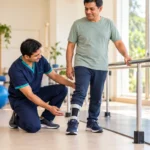 A conceptual illustration of supported walking and an ankle-foot orthosis.