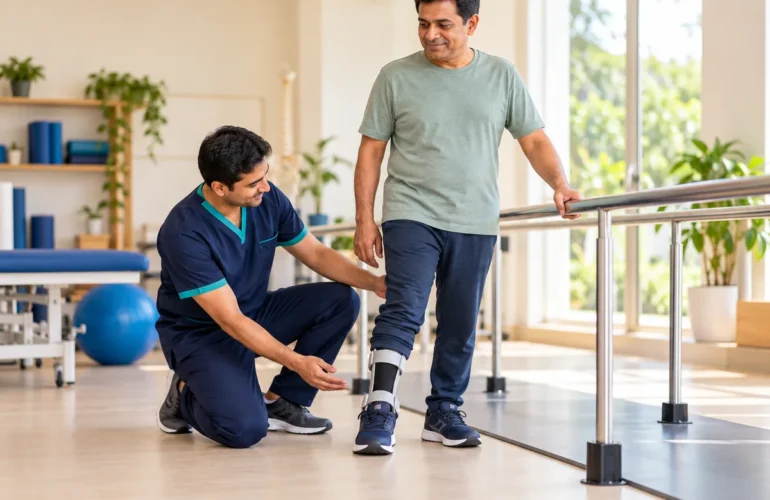 A conceptual illustration of supported walking and an ankle-foot orthosis.