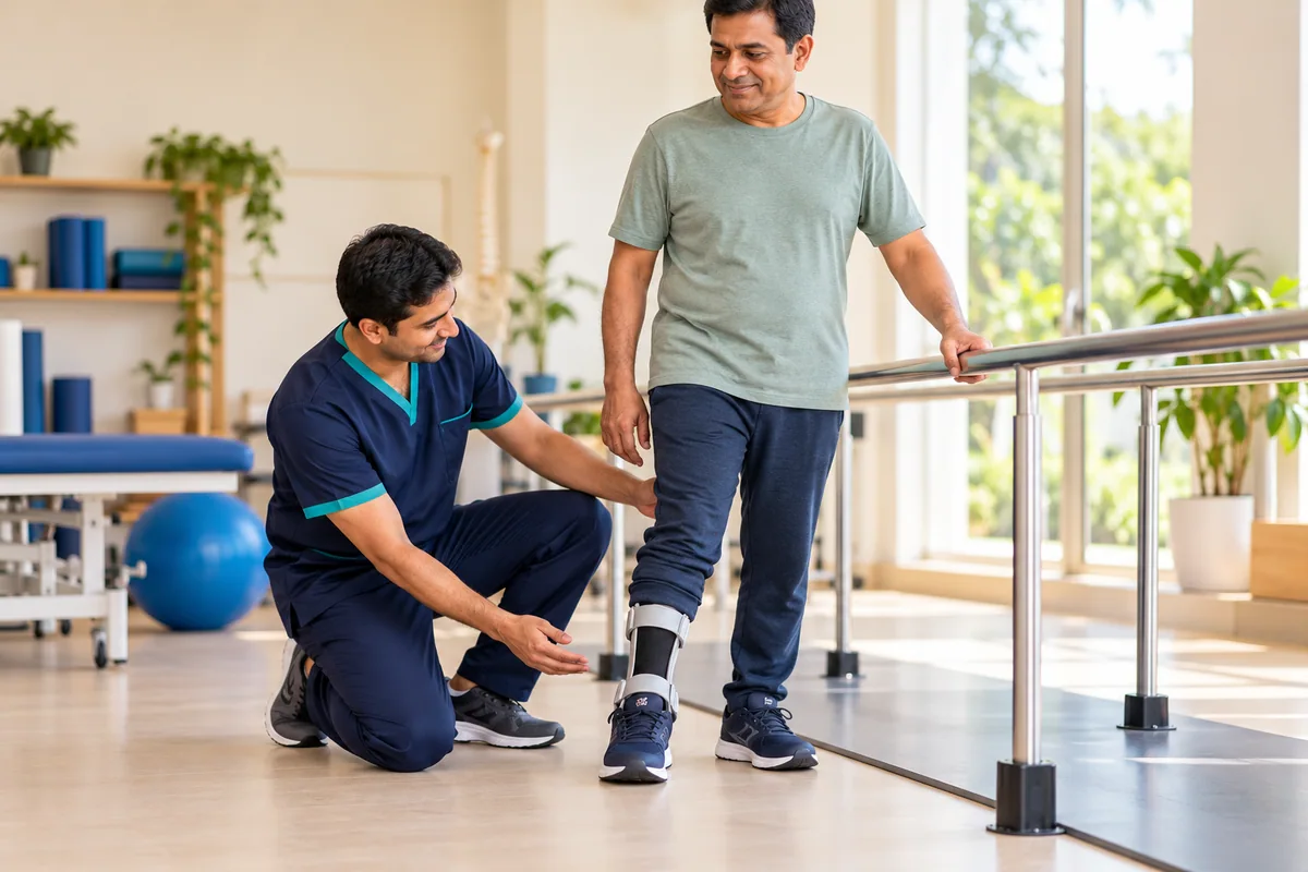 A conceptual illustration of supported walking and an ankle-foot orthosis.