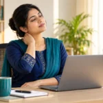 A conceptual illustration of neck discomfort during desk work.