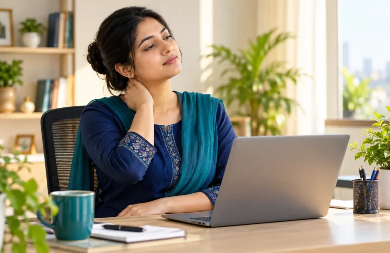 A conceptual illustration of neck discomfort during desk work.