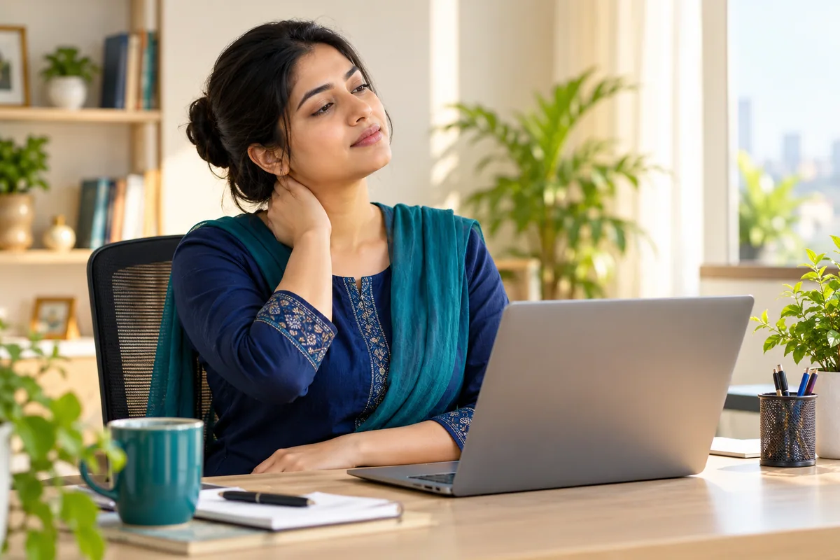 A conceptual illustration of neck discomfort during desk work.
