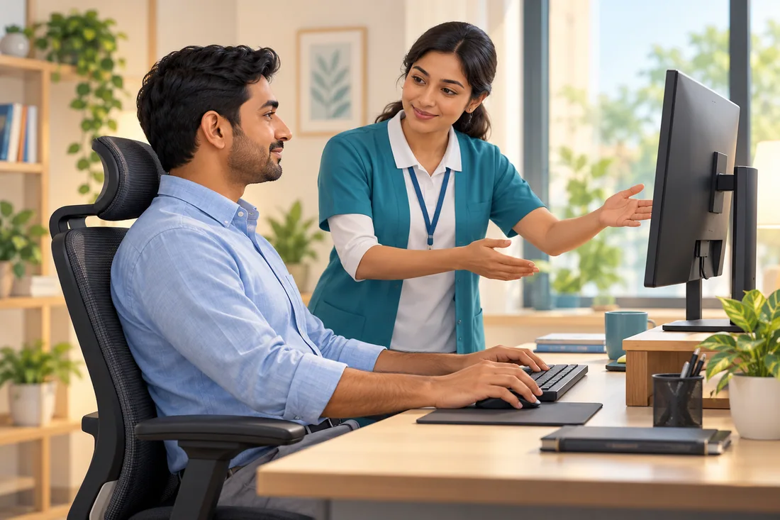 A conceptual illustration of a discussion about neck comfort and desk habits.