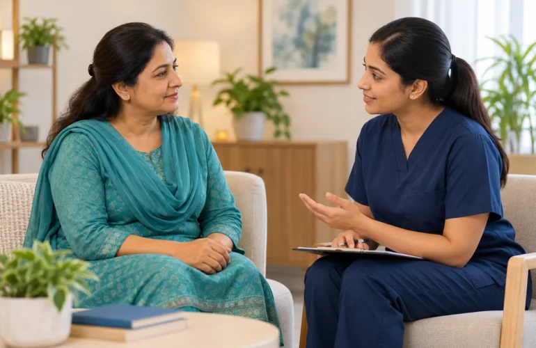 A conceptual illustration of a private bladder-health consultation.