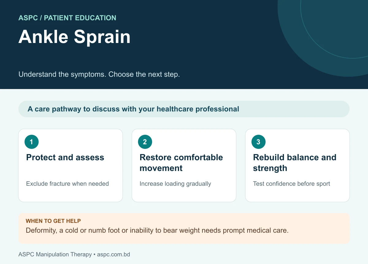 Ankle Sprain: Protect and assess — Exclude fracture when needed; Restore comfortable movement — Increase loading gradually; Rebuild balance and strength — Test confidence before sport. Deformity, a cold or numb foot or inability to bear weight needs prompt medical care.