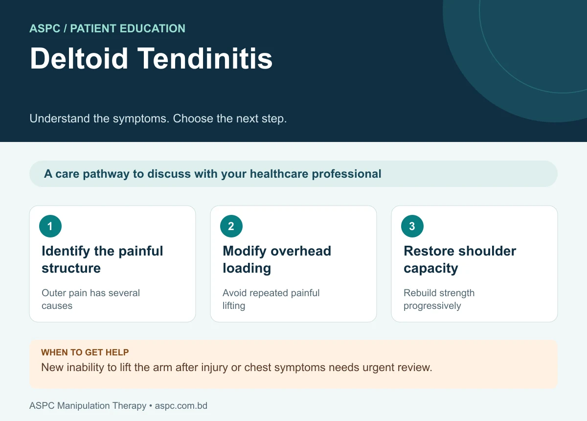 Deltoid Tendinitis: Identify the painful structure — Outer pain has several causes; Modify overhead loading — Avoid repeated painful lifting; Restore shoulder capacity — Rebuild strength progressively. New inability to lift the arm after injury or chest symptoms needs urgent review.