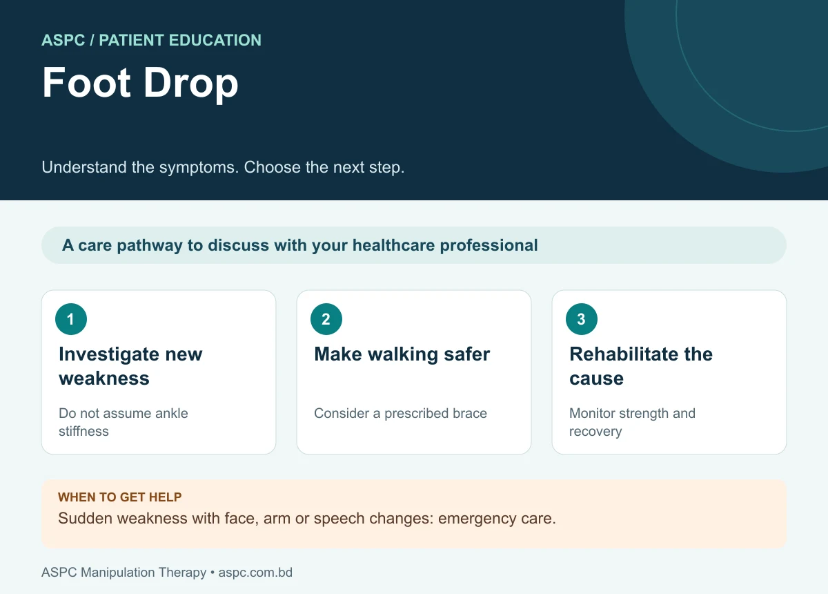 Foot Drop: Investigate new weakness — Do not assume ankle stiffness; Make walking safer — Consider a prescribed brace; Rehabilitate the cause — Monitor strength and recovery. Sudden weakness with face, arm or speech changes: emergency care.