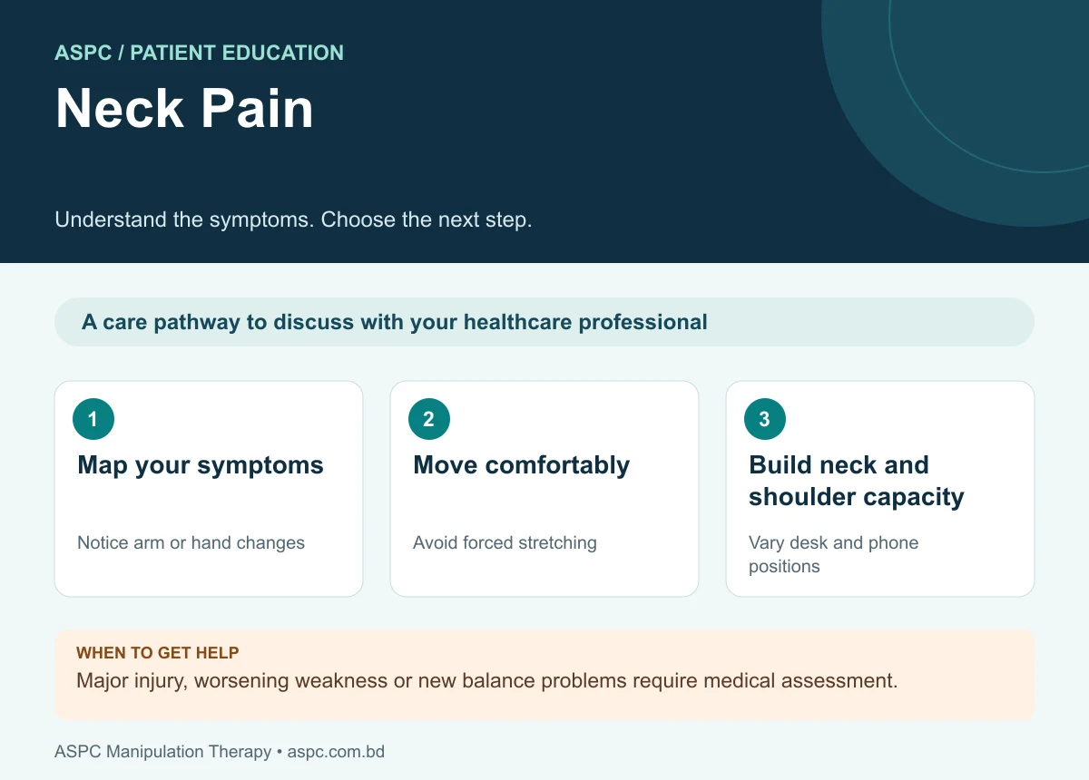 Neck Pain: Map your symptoms — Notice arm or hand changes; Move comfortably — Avoid forced stretching; Build neck and shoulder capacity — Vary desk and phone positions. Major injury, worsening weakness or new balance problems require medical assessment.